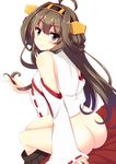  ahoge ass bad_id bad_pixiv_id bare_shoulders bottomless brown_hair detached_sleeves double_bun hair_ornament hairband headgear japanese_clothes kantai_collection kongou_(kantai_collection) long_hair looking_back nontraditional_miko playing_with_own_hair ribbon-trimmed_sleeves ribbon_trim rin_ateria skirt skirt_pull solo white_background 