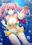  :o bikini blue_eyes blush breasts bubble cleavage clownfish foreshortening frilled_bikini frills halterneck highres jewelry large_breasts long_hair navel original pendant pink_hair polka_dot polka_dot_bikini polka_dot_swimsuit solo swimsuit twintails underwater yukian 