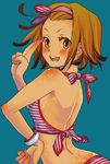  bikini bracelet brown_eyes brown_hair hairband hand_on_hip jewelry k-on! looking_at_viewer open_mouth round_teeth short_hair simple_background smile solo swimsuit tacomi tainaka_ritsu teeth 