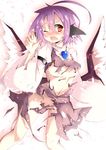  ahoge animal_ears blush breasts censored convenient_censoring fang long_sleeves medium_breasts mystia_lorelei navel no_bra no_hat no_headwear no_panties one_eye_closed open_mouth purple_hair red_eyes rurisakura short_hair solo tears torn_clothes touhou wide_sleeves wings 