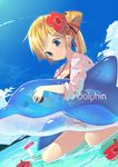  bikini black_bikini blonde_hair blue_eyes blue_sky breasts cleavage day flower hair_flower hair_ornament hair_ribbon hibiscus inflatable_dolphin inflatable_toy large_breasts long_hair ocean original partially_submerged ponytail ribbon sitting sky solo swimsuit wariza water yoo_(tabi_no_shiori) 