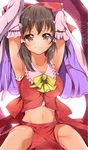  armpits bad_id bad_pixiv_id blush bow breasts brown_eyes brown_hair collarbone detached_sleeves hair_bow hair_tubes hakurei_reimu highres large_breasts long_hair looking_at_viewer midriff navel smile solo stomach touhou velia 