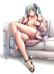  barefoot breasts censored collarbone couch crossed_legs feet full_body fur_coat green_eyes green_hair hatsune_miku high_heels highres long_hair md5_mismatch medium_breasts mosaic_censoring naked_coat no_panties open_toe_shoes pussy sandals shoes single_shoe sitting smile soles solo strappy_heels toenail_polish toenails toes vocaloid wokada 