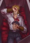  black_hair blonde_hair blood coffin covering_face dio_brando fangs hideki jojo_no_kimyou_na_bouken jonathan_joestar phantom_blood severed_head stigmata stitches vampire 