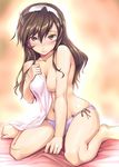  ashigara_(kantai_collection) bad_id bad_twitter_id blush breasts brown_eyes brown_hair full-face_blush hair_ornament hairband hi-ho- jewelry kantai_collection long_hair looking_at_viewer medium_breasts panties pink_panties ring shiny shiny_skin side-tie_panties sitting skindentation solo topless underwear wariza wedding_band 