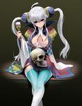  ahoge alcohol aqua_legwear breasts center_opening cup drinking_glass hair_ornament holding large_breasts long_hair looking_at_viewer masao original red_eyes silver_hair skull smile solo thighhighs twintails wine wine_glass 