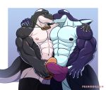  2018 5_fingers akamai anthro anthro_on_anthro balls blue_background blue_eyes bulge bulge_frottage cetacean clothed clothing deckar duo erection erection_under_clothes eyes_closed front_view hand_on_shoulder hi_res holding_penis kissing male male/male mammal marine muscular muscular_male navel nipples orca outline penis primodrago simple_background standing topless underwear whale 