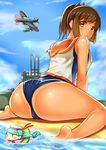  aircraft airplane ass bare_shoulders brown_eyes brown_hair fairy_(kantai_collection) highres i-401_(kantai_collection) innertube kantai_collection looking_back m6a_seiran mizuse_kouichi multiple_girls one-piece_swimsuit ponytail school_swimsuit school_uniform seiran_(kantai_collection) short_hair short_ponytail sitting smile swimsuit swimsuit_under_clothes tan wariza 