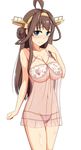  babydoll blush breasts brown_hair cleavage covered_nipples full-face_blush hairband highres kantai_collection kongou_(kantai_collection) large_breasts lingerie long_hair navel negligee nipples see-through shigure_ryuunosuke shiny shiny_skin simple_background smile solo underwear white_background 