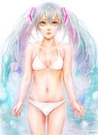  bikini blue_eyes blue_hair hatsune_miku highres long_hair pony_(artist) solo swimsuit twintails vocaloid white_bikini 