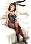  absurdres animal_ears bad_id bad_pixiv_id bare_shoulders bed blue_eyes breasts brown_hair bunny_ears bunnysuit cleavage crossed_legs dodai_shouji highres large_breasts legs leotard long_hair long_legs looking_at_viewer open_mouth original pantyhose smile solo thighs wrist_cuffs 