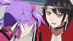  animated animated_gif black_hair blue_eyes blush bow braid bullet bullet_time cheek_kiss hair_bow kiss lowres multiple_girls non-web_source purple_hair quad_tails short_hair sudou_cecil sweat tentou_moyo time_stop twin_braids wizard_barristers:_benmashi_cecil yellow_eyes yuri 