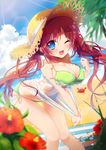  ;d amamine bad_id bad_pixiv_id bikini blue_eyes blush breasts crab flower hat hibiscus large_breasts leaning_forward long_hair moe2014 one_eye_closed open_mouth original red_hair side-tie_bikini smile solo sun_hat swimsuit twintails 
