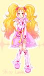  blonde_hair character_name dress earrings futari_wa_precure futari_wa_precure_max_heart green_eyes heart highres jewelry kujou_hikari long_hair magical_girl mikan_(mikataaaa) precure ribbon shiny_luminous solo twintails 