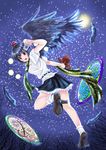  absurdres black_hair black_wings camera clock clockwork fan feathered_wings feathers frilled_skirt frills full_moon geta hat highres looking_at_viewer moon night sasakiruka scarf shameimaru_aya shirt short_hair skirt smile solo tengu-geta tokin_hat touhou wings 