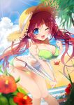  amamine bad_id bad_pixiv_id bikini blue_eyes blush breasts crab flower hat hibiscus large_breasts leaning_forward long_hair moe2014 one_eye_closed open_mouth original red_hair revision side-tie_bikini smile solo sun_hat swimsuit twintails 