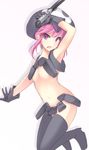  belt black_gloves black_legwear flat_chest gloves hat holster jakuzure_nonon kill_la_kill knife kurotenten navel nudist_beach_uniform pink_eyes pink_hair short_hair shoulder_holster sidelocks skull_print solo spoilers thighhighs uniform utility_belt white_background 