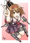  abo_(hechouchou) black_serafuku brown_eyes brown_hair hairband kantai_collection looking_at_viewer neckerchief open_mouth pointing red_hairband red_neckwear school_uniform serafuku shiratsuyu_(kantai_collection) short_hair solo 