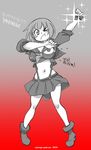  cosplay gloves jason_robinson kill_la_kill mankanshoku_mako matoi_ryuuko matoi_ryuuko_(cosplay) midriff monochrome one_eye_closed pout school_uniform senketsu serafuku short_hair skirt solo suspenders translated wince 