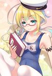  aqua_eyes armlet blonde_hair book gears glasses hat i-8_(kantai_collection) kantai_collection long_hair looking_at_viewer low_twintails one-piece_swimsuit red-framed_eyewear school_swimsuit smile solo swimsuit thighhighs twintails white_legwear youqiniang 