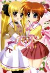  absurdres blonde_hair box box_of_chocolates casual cherry chocolate fate_testarossa food fruit hands_together heart-shaped_box higa_yukari highres legs long_hair looking_at_viewer lyrical_nanoha mahou_shoujo_lyrical_nanoha multiple_girls non-web_source nyantype official_art open_box outstretched_arm pantyhose ponytail purple_eyes raspberry red_eyes red_hair ribbon scan short_hair short_twintails smile takamachi_nanoha thighhighs twintails valentine very_long_hair white_legwear zettai_ryouiki 