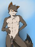  ariffrazalin black_nose blue_eyes canine coyote flaccid fur grey_fur male mammal navel nude penis presenting showing_off solo uncut vein 