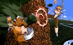  artist_request battle blue_sky day fighting francesca_(hercequary) grey_hair hat hercequary mountain multiple_girls pc98 river robe rock sky staff tina_(hercequary) tree 