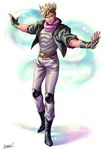  blonde_hair caesar_anthonio_zeppeli facial_mark feathers fingerless_gloves gloves green_eyes green_jacket hair_feathers headband highres jacket jojo_no_kimyou_na_bouken knee_pads kotatsu_(g-rough) male_focus outstretched_arms solo 