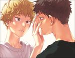  abe_takaya adam's_apple backlighting blonde_hair brown_eyes brown_hair da_kata expressionless eye_contact hand_on_another's_face implied_yaoi looking_at_another male_focus mihashi_ren multiple_boys ookiku_furikabutte open_mouth profile shirt t-shirt upper_body white_background 