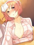  bad_id bad_pixiv_id bed blush breasts cleavage collarbone large_breasts looking_at_viewer lying mikakunin_de_shinkoukei nekoume on_back open_clothes open_mouth open_shirt pajamas pink_hair purple_eyes shirt short_hair sick solo sweat sweatdrop towel towel_on_head two_side_up yonomori_kobeni 