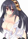  :q ahhien black_hair black_legwear breasts cleavage covered_nipples detached_sleeves hairband haruna_(kantai_collection) kantai_collection large_breasts long_hair panties red_eyes smile solo thighhighs tongue tongue_out underwear white_background white_panties 