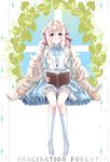  bad_id bad_pixiv_id blush book dress hair_ribbon jewelry kagerou_project key kneehighs kozakura_marry lenju long_hair looking_at_viewer necklace red_eyes ribbon silver_hair solo souzou_forest_(vocaloid) white_legwear 