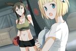  animal_ears bad_id bad_pixiv_id bike_shorts black_hair blonde_hair blue_eyes blush boxing_gloves brown_hair bubble_blowing chewing_gum dominica_s_gentile highres jane_t_godfrey kisetsu looking_at_viewer multiple_girls open_mouth punching_bag short_hair tank_top world_witches_series 