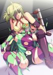  blonde_hair blush breasts breath cleavage closed_eyes commentary_request eyepatch green_hair himuro_shizuku holding kupala large_breasts leotard multiple_girls musumi_hazuki open_mouth ponytail restrained ryona short_hair smile submission_hold thighhighs torn_clothes trembling wrestle_angels wrestling wrestling_ring 