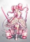  bad_id bad_pixiv_id boots dress dual_wielding holding original pink_hair solo sword terong twintails weapon 