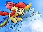  apple_bloom_(mlp) blue_fur bow conicer cub cutie_mark duo equine female feral flying friendship_is_magic fur hair horse mammal multi-colored_hair my_little_pony orange_fur pegasus pony rainbow_dash_(mlp) rainbow_hair red_hair scared smile wings young 