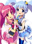  aino_megumi blue_eyes blue_hair blue_legwear blush bow crown cure_lovely cure_princess happinesscharge_precure! holding_hands homing_(areya) long_hair looking_at_viewer magical_girl multiple_girls open_mouth pink_bow pink_eyes pink_hair ponytail precure shirayuki_hime simple_background skirt thighhighs twintails white_background wide_ponytail 