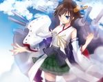  bare_shoulders black_legwear blue_eyes blue_sky brown_hair cannon cloud day detached_sleeves hairband headgear hiei_(kantai_collection) japanese_clothes kantai_collection nontraditional_miko open_mouth short_hair skirt sky smile solo thighhighs togata turret 