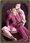  blonde_hair formal jojo_no_kimyou_na_bouken killer_queen kira_yoshikage multiple_boys red_eyes stand_(jojo) suit tarot tarutan thumbs_up 