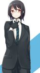  adjusting_clothes adjusting_necktie alternate_costume bad_id bad_pixiv_id bespectacled black_gloves black_hair blush formal glasses gloves kantai_collection necktie nekoume red_eyes short_hair smile solo suit sweatdrop takao_(kantai_collection) 
