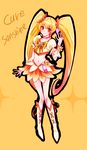  blonde_hair boots bow character_name choker cure_sunshine hair_ribbon heart heartcatch_precure! highres knee_boots long_hair magical_girl midriff mikan_(mikataaaa) myoudouin_itsuki navel orange_background orange_bow orange_choker precure ribbon skirt smile solo twintails wrist_cuffs yellow_eyes 