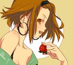  :d bare_shoulders brown_eyes brown_hair earrings food fruit hairband jewelry k-on! listen!! open_mouth round_teeth smile solo strawberry tacomi tainaka_ritsu teeth 