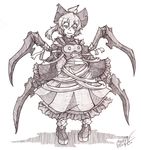  bow dress frilled_dress frills hair_bow highres insect_girl kurodani_yamame monochrome sogin spider_girl spider_legs touhou 