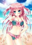  :o beach bikini blue_eyes blush breasts cleavage cloud day hand_on_hip index_finger_raised large_breasts lens_flare long_hair looking_at_viewer meiya_neon navel original outdoors pink_hair pointing pov skindentation sky solo_focus striped striped_bikini sun swimsuit 