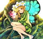  bare_legs blonde_hair braid butterfly_wings crystal fairy fairy_wings fantasy fern flower hair_flower hair_ornament kaworu looking_at_viewer mercedes nature odin_sphere orange_eyes outdoors plant pointy_ears puff_and_slash_sleeves puffy_sleeves roots shiny smile solo tree twin_braids vines wings 