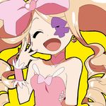  ayu_(iyokanya) bad_id bad_pixiv_id bare_shoulders blonde_hair bow breasts cleavage closed_eyes dress drill_hair earrings eyepatch hair_bow harime_nui heart jewelry kill_la_kill long_hair open_mouth pink_dress smile solo strapless strapless_dress twin_drills twintails wrist_cuffs yellow_background 