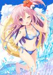  barefoot bikini blush breasts cleavage cloud day flower hair_flower hair_ornament hibiscus highres ikura_nagisa innertube long_hair medium_breasts navel ocean one_eye_closed one_side_up original pink_hair purple_eyes shiny shiny_skin sky smile solo splashing swimsuit toenail_polish water 