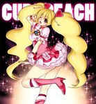  \m/ blonde_hair boots bow choker cure_peach earrings fresh_precure! frills fukurokouji hair_ornament heart heart_hair_ornament jewelry knee_boots long_hair magical_girl momozono_love one_eye_closed pink_bow pink_choker pink_eyes pink_footwear precure solo twintails 