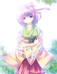  araissu book flower hieda_no_akyuu japanese_clothes kimono purple_eyes purple_hair short_hair solo touhou 