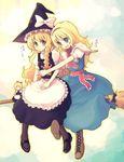  alice_margatroid alternate_hairstyle blonde_hair blue_eyes braid broom broom_riding doll hairband hat kimarin kirisame_marisa multiple_girls multiple_riders pantyhose partially_translated pointing shanghai_doll sidesaddle touhou translation_request witch_hat 